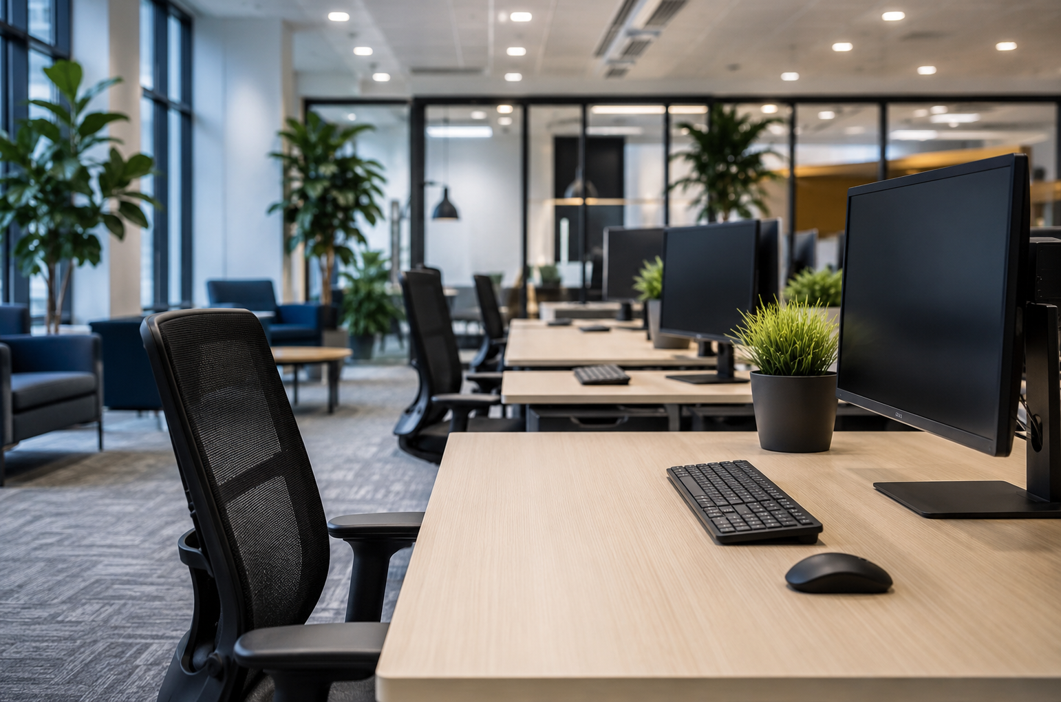A Spire crew member wiping down desks in an open-plan office.