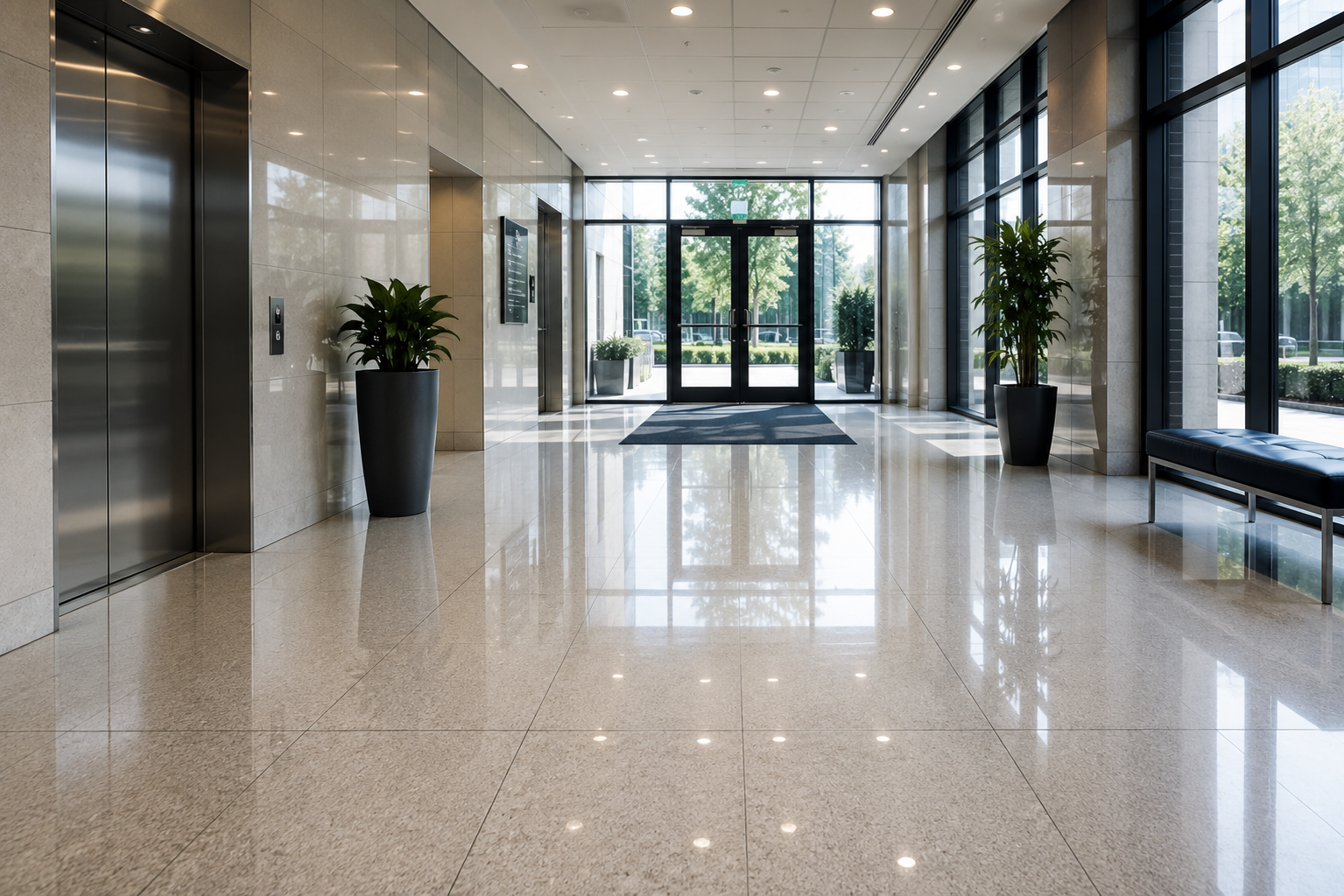 A Spire crew member cleaning the floor of a commercial lobby.