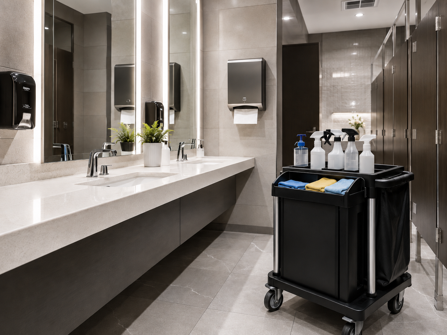 A Spire crew member restocking and sanitizing a commercial restroom.